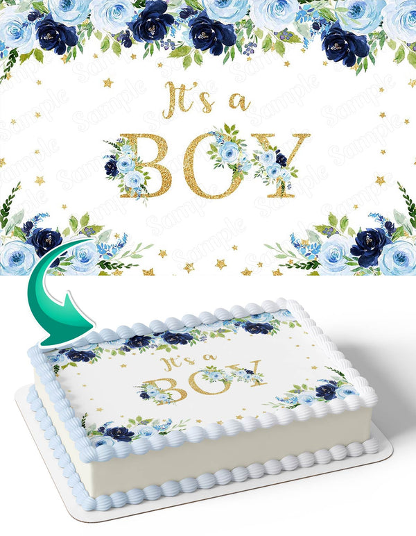 Navy Blue Flowers Its a Boy Baby Shower NBF Edible Cake Toppers