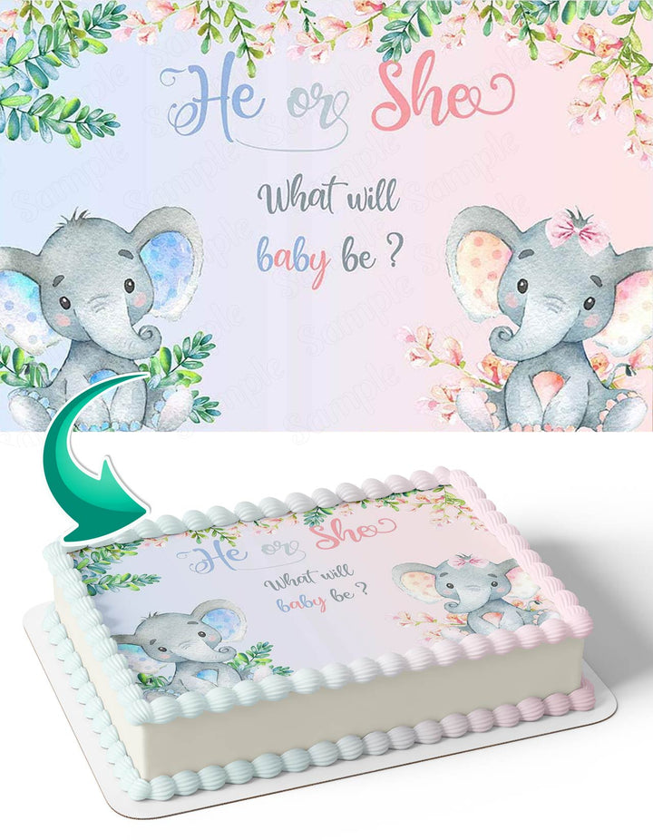 Pink or Blue Elephant Gender Reveal He or She What Will Baby Be Edible Cake Toppers
