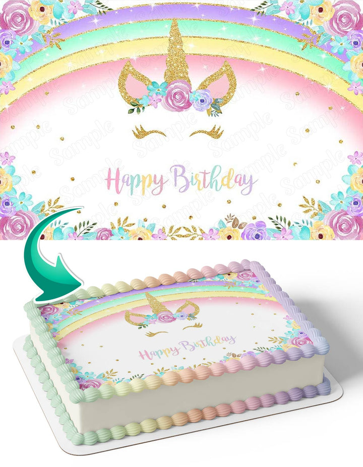 Rainbow Gold Unicorn Glitter Floral Edible Cake Toppers