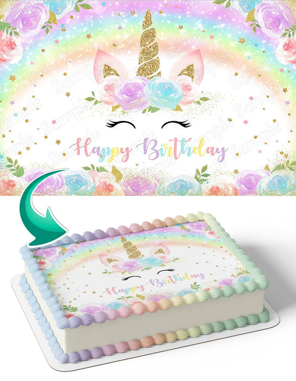 Rainbow Unicorn Glitter Watercolor Floral Gold Edible Cake Toppers