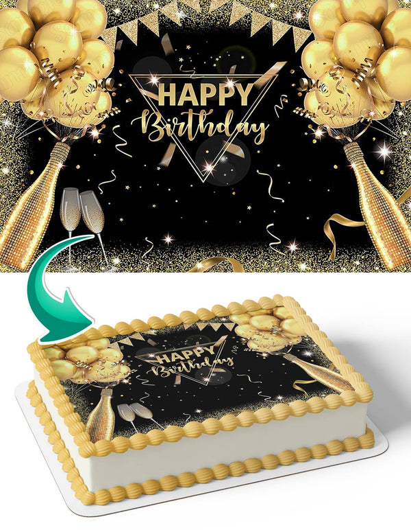 Surprise Balloon Champagne Glitter Black and Gold Edible Cake Toppers