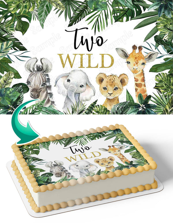 Two Wild Jungle Safari Animals Zoo Green Leaves Edible Cake Toppers