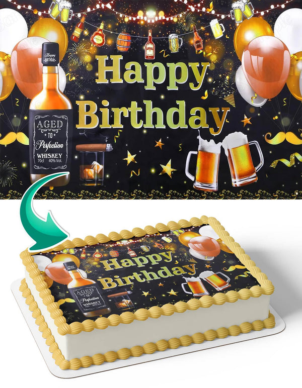 Whiskey Aged to Perfection Cheer Beer Cigar Edible Cake Toppers
