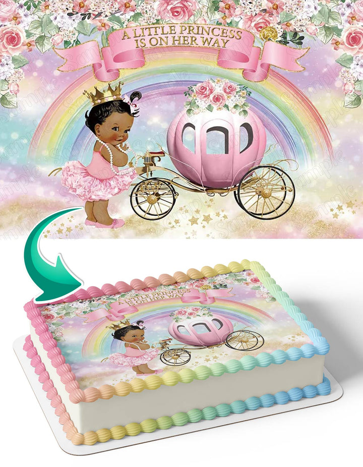 A Little Princess Is On Her Way African American Baby Girl Pink Pumpkin Edible Cake Toppers