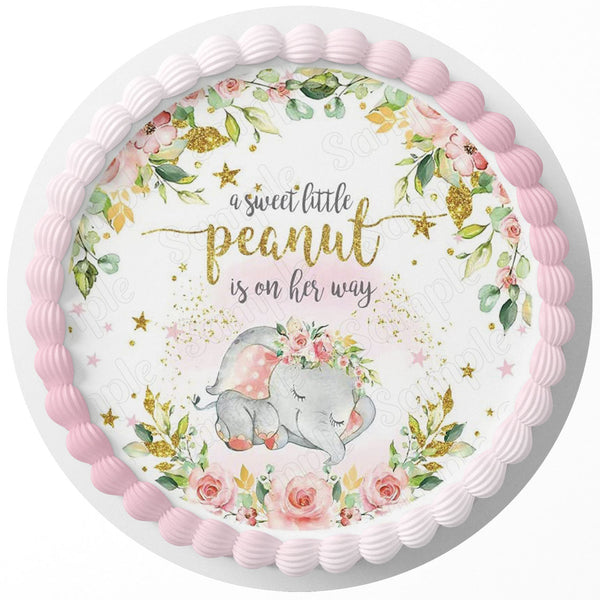 A Sweet Little Peanut Is On Her Way Baby Girl Elephant Edible Cake Toppers Round