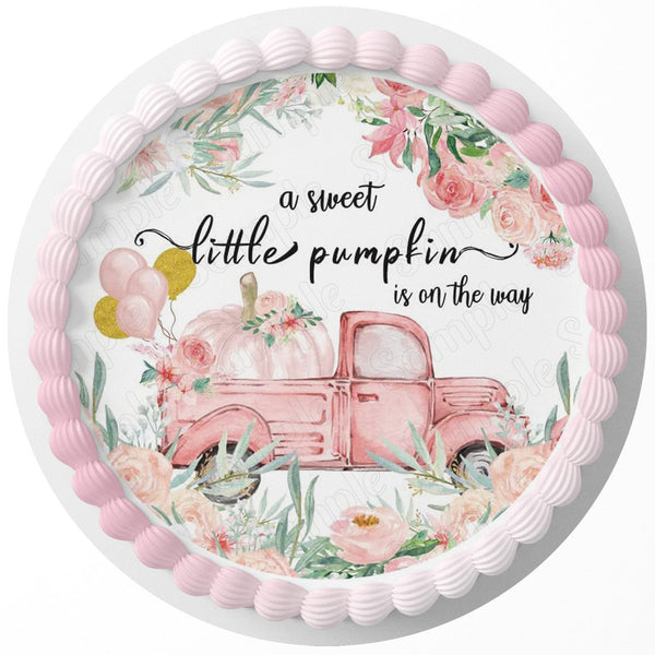 A Sweet Little Pumpkin Is On The Way Girl Edible Cake Toppers Round