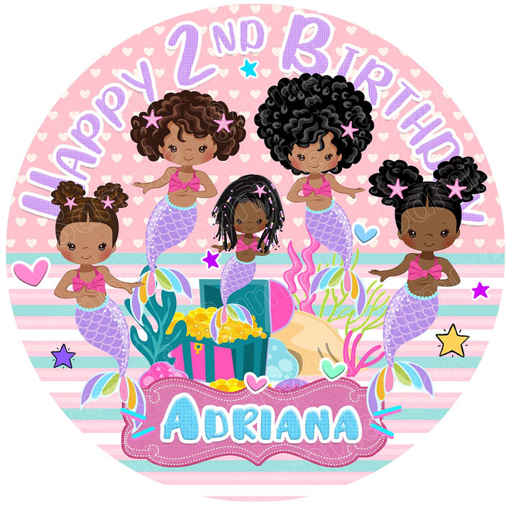 Afro American Mermaid Black Princess Edible Cake Toppers Round