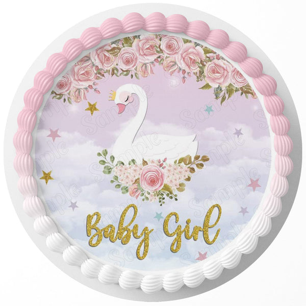 Baby Girl Goose Flowers Edible Cake Toppers Round