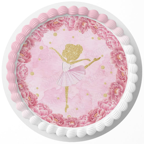 Ballet Dancer Pink Glitter Edible Cake Toppers Round