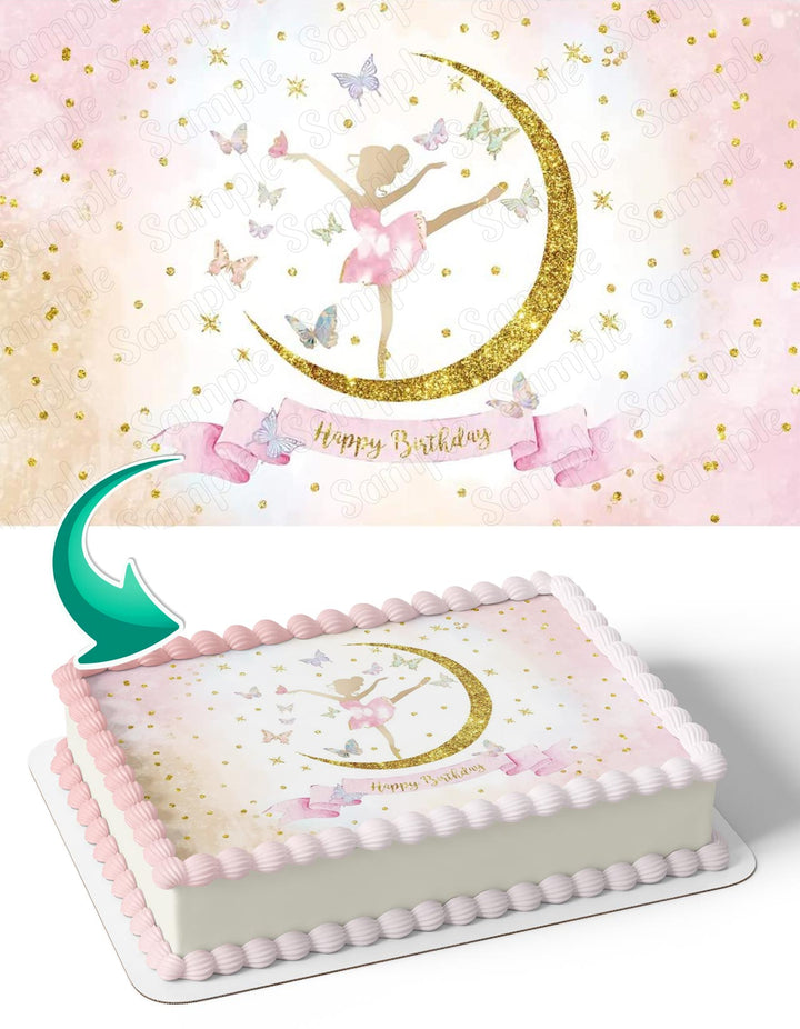 Ballet Dancer Pink Moon Butterflies Edible Cake Toppers