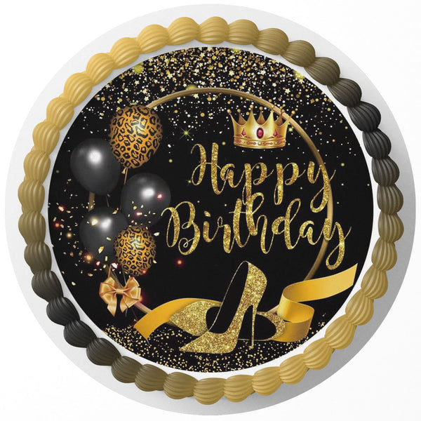 Black And Gold Balloons Crown Leopa Skin Glitter Shoes Edible Cake Toppers Round