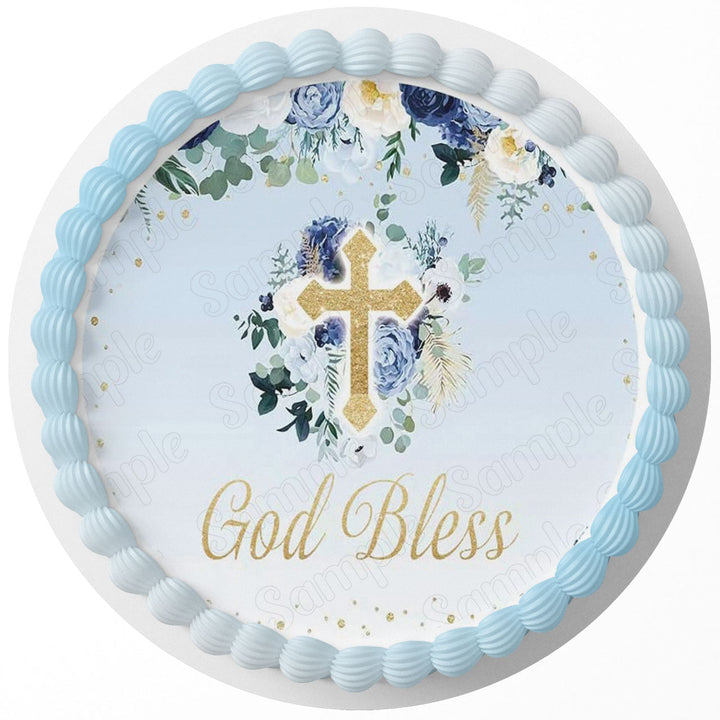 God Bless Religious Cross Edible Cake Toppers Round