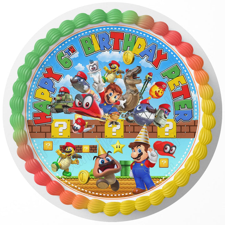 Mario Oddyssy Gamers Kids Fun Edible Cake Toppers Round