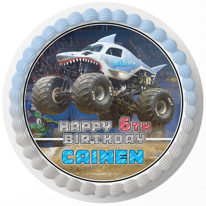 Megalodon Monster Trucks Edible Cake Toppers Round