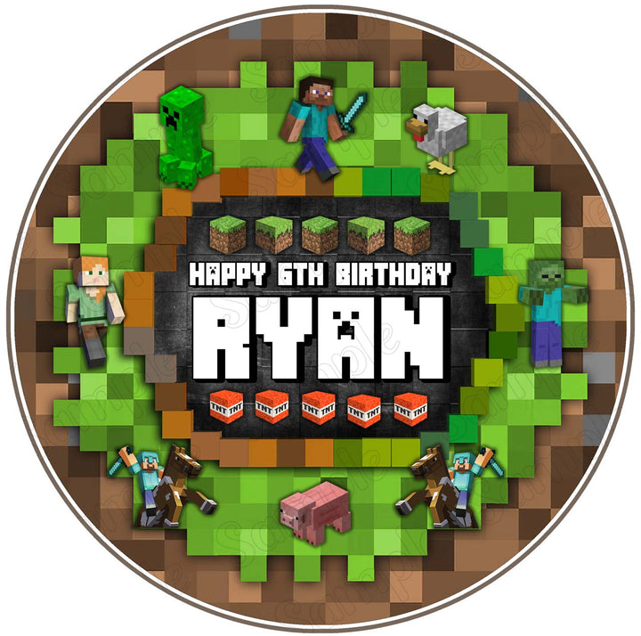 Craft Kids Blocks Game Block Pixel Steve Creeper Edible Cake Toppers Round