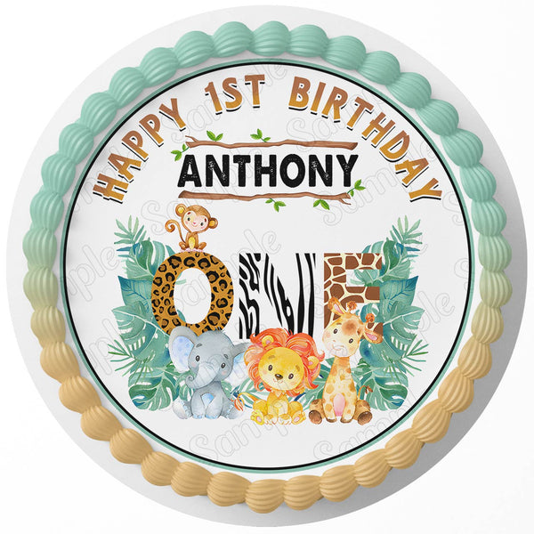 One Year Jungle Safari Animals Wild Edible Cake Toppers Round