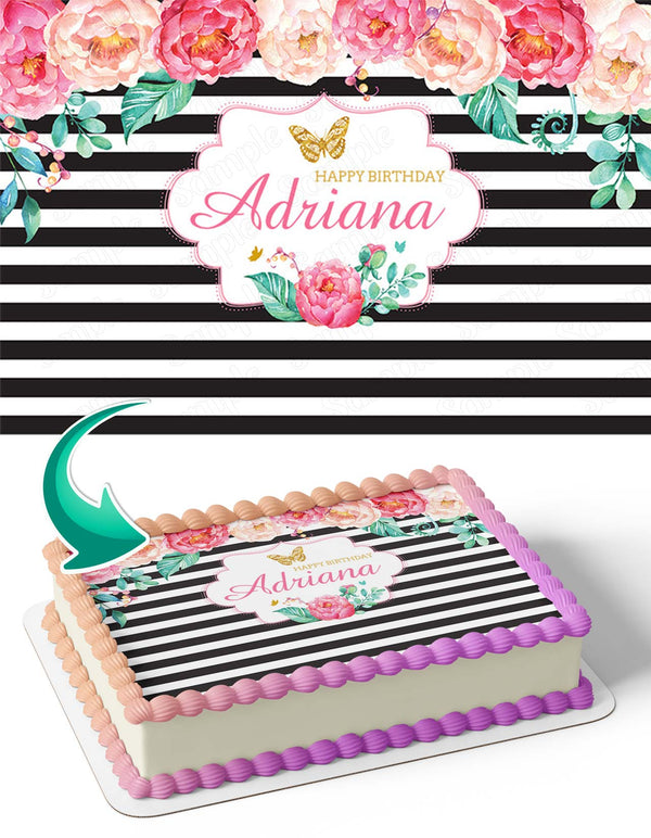 Pink Flowers Girls Black And White Stripes Gold ButterflyPFG Edible Cake Toppers