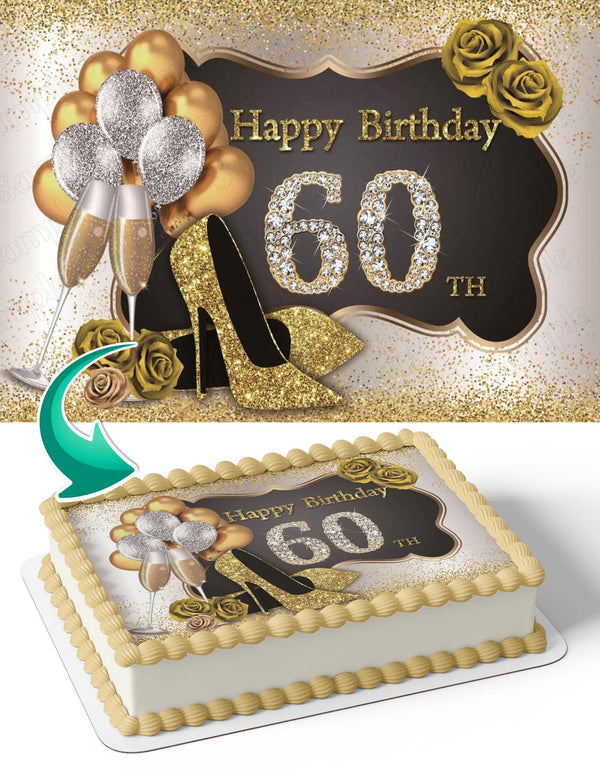Silver And Gold Champagne Balloons Glitter Shoes 60 Edible Cake Toppers